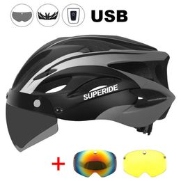 Cycling Helmets SUPERIDE Rechargeable Road Bike Helmet Men Women with Visor Rearlight Sports MTB Bicycle TT Lens 230607