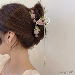 Other Retro New Style Rose Flower Hairpin Female Ponytail Clip Large Pearl Tassel Metal Shark Hair Cl Women's Accessories R230608