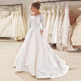 Custom 3 4 Long Sleeves Wedding Dresses 2021 with Pockedts Sweep Train Satin A Line Wedding Bridal Gowns vestidos de novia338x
