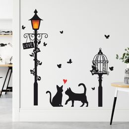 Cartoon Street Lamp Cat Wall Sticker Living Room Entrance Background Home Decoration Bedroom Decor Decal Self Adhesive Wallpaper