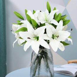 Decorative Flowers 5 Heads Real Touch Artificial Lily Wedding Bridal Silk Fake Flower Bouquet White Plants Home Party Decorations