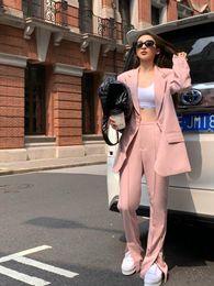Women's Two Piece Pants Sets Women Vintage Outifits Female Single Botton Blazer Suit Jacket High Street Pink Slit Trousers Pantsuit