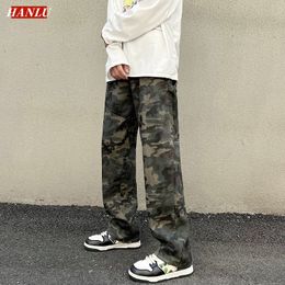 Mens Jeans Men Outdoor Camouflage Overalls Pants Loose Hanging Feeling Straight Tube Wide Leg Rest Slacks Denim Trousers 230607