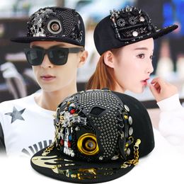 Punk Ball Cap Hip Hop Unisex Stylish and Porous Flat Brim Cap with Skull and Studs Decoration