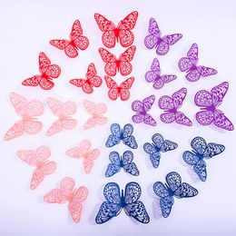 12Pcs/Set Red Blue Pink 3D Hollow Butterfly Wall Stickers For Wedding Home Decoration Living Room Decor Art Butterflies Decals