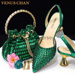 Sandals Venus Chan High Heels for Lady 2023 Luxury Designer Green Colour Full Diamond Pointed Toe Wedding Shoe and Bag Set for Party J230608