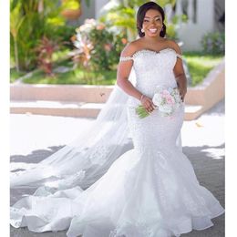 Plus Size Crystal Off the Shoulder Mermaid Wedding Dresses Bridal Gowns Vintage Tulle Lace Appliques Country Africa Vestido De Nov295o