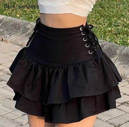 Skirts Goth Egirl Kawaii Harajuku Black Women's Mini Skirt Y2k Gothic Sexy High Waist Bandage Pleated Ruffled Hem Party DressSkirts