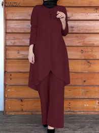 Dress Zanzea Fashion Muslim Suit Oneck Irregular Hem Blouse Wide Leg Pant Solid Vintage Party Abaya Kaftan Set Work Ol Tracksuit