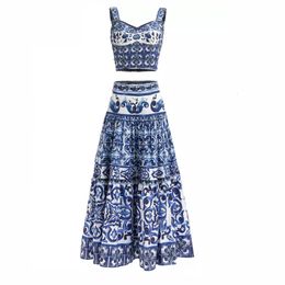 Two Piece Dress runway designer women two pieces set blue and white slimy tops short camisole maxi long skirt fashion outfit za 230607