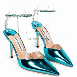 Sandals Luxury Crystal Women Wedding High Heels and Low Heel Ankle Strap Rhinestone Chain Bridals Party Pointed Toe Sexy Shoes 34-CHC-26 J230608