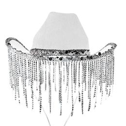 Wide Brim Hats Bucket Cowgirl Hat for Adult Cowboy with Sequins s Fringe Fit Most Women Theme Party Black White Pink 230608