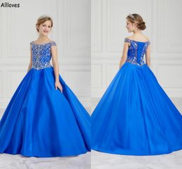 Blue Satin Crystals Sparkle Little Girl's Pageant Dresses Off Shoulder Toddler Kid Princess First Communion Party Glänningar Sop Train Wedding Flower Girl Dress