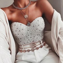 Camis Women Corset with Rhinestones Pearl Bustier Crop Top Bra Club Party Glitter Cropped Top Female Clothing