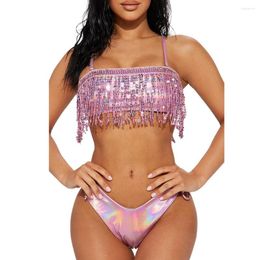 Women's Tracksuits 2023 Summer Young Sexy Beach Set Solid Flaring Tassel Sequined Shirt&Short Bikini Top Underwears Skinny Women 2-Piece