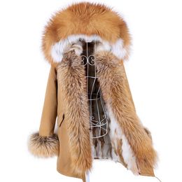 Fur 2023 Fashion Winter Jacket Women Real Rabbit Fur Coat Natural Real Fox Fur Collar Loose Long Parkas Big Fur Outerwear Detachable
