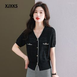 Women's T Shirts XJXKS 2023 Summer Fashion V-neck Single-breasted Cardigan Women's T-shirt High-end Mulberry Silk Knit Short-sleeved