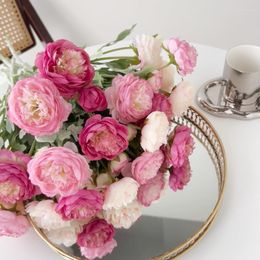 Decorative Flowers 3 Heads Peony Flower Artificial White Red Rose Silk Pink Wedding Bouquet Fake Garden Home Decoration