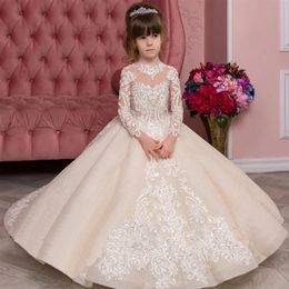 Princess Champagne Flower Girl Dresses Vintage Long Sleeve Sheer Crew Neck Appliques Ruched Tulle Cute Girl Formal Party Gowns Pag272m