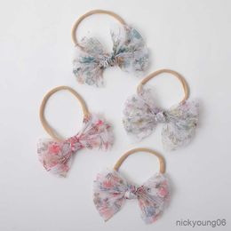 Hair Accessories Floral Print Bows Naby Headband Mesh Band Girl Skinny Headbands For Children Princess Accessory Spring Newborn Gifts R230608