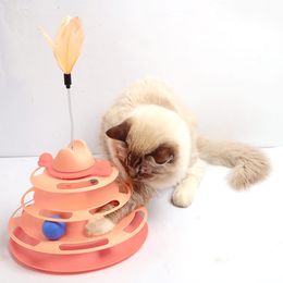 4 Levels Track Play Tray Cat Tnteractive Toys with Cat Stick Funny Space Tower Turntable Intelligence Training Cat Ball Toys