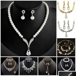 Earrings Necklace Bridesmaid Jewelry Set For Crystal Rhinestone Tear Dropshaped Fashion Pearl Pendants Earring Party Drop Dhnhx