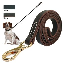 Leashes Heavy Duty Handmade Leather Dog Leash Lead Dark Brown Black With Gold Hook Best for Walking Training All Dog Breeds 4 Sizes