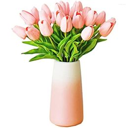 Decorative Flowers Artificial Light Pink Tulip Silk Flower Gradient Ceramic Vase Suitable For Easter Home Kitchen Wedding Decoration