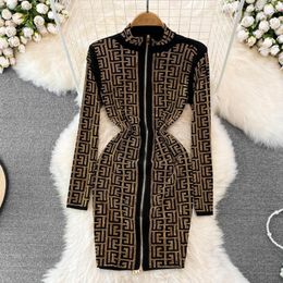 Casual Dresses Spring And Autumn Senior Sense Light Luxury Temperament Long-sleeved Zipper Stand-up Collar Waist Slimming Bag Buttock Dress