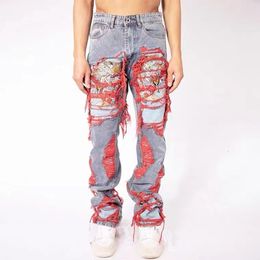 Men's Jeans High Street Hip Hop Destroy Brushed Embroidered Baggy Casual Straight Leg Denim Pants Man Women 230608
