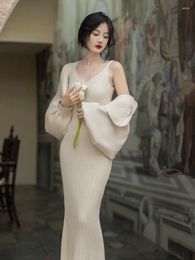 Work Dresses Chinese Retro Knitting 2 Piece Set Batwing Sleeve Sweater Cardigan V-neck Slim Sexy Slip Dress White Knit Women Suit Autumn