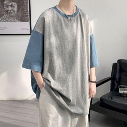 Men's T Shirts Foufurieux Oversized T-shirt Patchwork Contrast Colour Half Sleeve Korean Fashion Casual O-Neck Mens Clothing Summer Tops