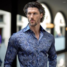 Men's Casual Shirts Barry.Wang Exquisite Blue Silk Paisley Men Shirt Four Seasons Lapel Long Sleeve Embroidered Leisure Fit Party Wedding