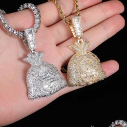 Pendant Necklaces Hip Hop Dollar Purse Necklace Bling Zircon 18K Real Gold Plated Men Women Christmas Gift Drop Delivery Jewelry Pend Dhvtp