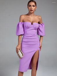 Casual Dresses Draped Bandage Dress Women Lilac Bodycon Evening Party Elegant Sexy Off Shoulder Midi Maxi Birthday Club Outfits 2023