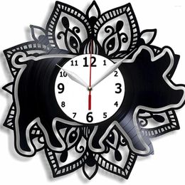 Wall Clocks Pig Animal Home Decor - Art Handmade Gift For Kids Record Clock 12 Inch Idea Boy And Girl Black