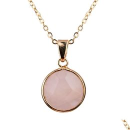 Pendant Necklaces Round Rose Quartz Powder Pink Crystal Copper Package Gold Edge Necklace Fashion Women Jewellery Drop Delivery Dhgarden Dhtce