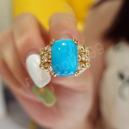 Elegant Oval Blue Stone Rings Exquisite Fashion Gold Color Inlaid White Zircon Stones Party Ring Trendy Jewelry