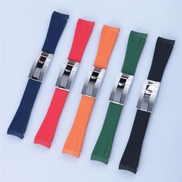 20mm Curved End Watch band and Silver Polished Clasp Silicone Black Navy Green Orange Red Rubber Watchband For Rol strap SUB GMT D244S