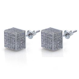 Stud Hip Hop Mens Screwback Earrings Fashion Square White Zircon Dangle Gold Plated Vintage Geometric Jewelry Wholesale Drop Delivery Dhpc4