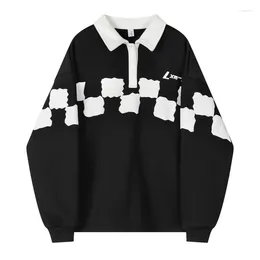 Women's Hoodies Women's Clothing Black Sweatshirt Lattice POLO Collar Vintage Fashion American Leisure Winter Female Baggy Pullover Tops