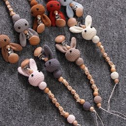 Mobiles# 1pc Crochet Bunny Baby Pacifier Clip Chain BPA Free Wooden Beads Appease Soother Clips born Dummy Holder Nipple 230607