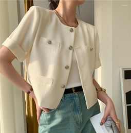 Women's Jackets Summer French White Short-sleeved Cropped Jacket Luxury Elegant Round Collar Single-breasted Casual Blazer Women Short Tops