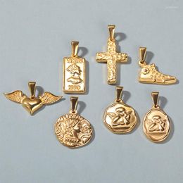 Pendant Necklaces Hip Hop Bling Gold Colour Stainless Steel Heart Angel Cross Coin Round Pendants For Men Rapper Jewellery