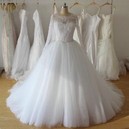 Üst kristal balo elbisesi gelin elbiseler yeni tam kol gerçek görüntü şeffaf prenses tül aplikler dökümlü düğün vestido de noiva bea312p