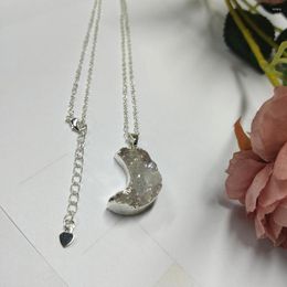 Pendant Necklaces BOROSA Natural Druzy Moon Necklace Silver Plated Crescent Drusy Crystal Quartz Titanium AB