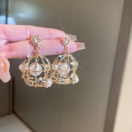 Luxury Quality Charm Ear Studs With Blue Diamond White Pearl Birds Cage Shape Drop Earrings Wedding Jewelry