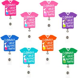 5 Pcs/Lot Fashion Key Rings CLEANING YOUR WORRIES AWAY Scrub Tops Shape Retractable Medical Badge Holder Nurses Doctors ID Name Card For Healthcare Worker