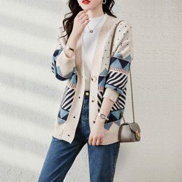Women's Knits Korean Contrast Colour Patchwork V-Neck Women Knit Cardigan Sweater Beige Red Navy-blue Spring Autumn Loose Casual Lady
