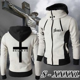 2021 Men's I Believe Jesus High Collar Winter Jacket Casual Jesus Christ Zipper Hooded Hoodie(3 Colors) S-4XL L230520